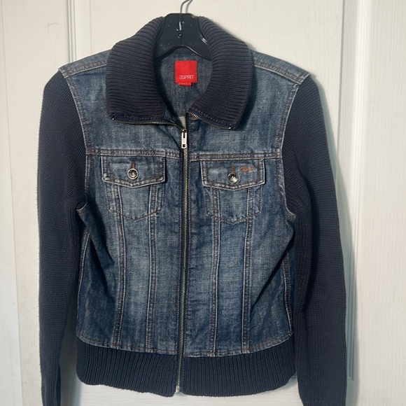 ESPRIT WOMEN DENIM JACKET WITH KNITTED SLEE AND COLLAR ZIPPER SIZE SMALL - Picture 2 of 5